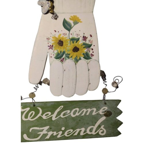 Handmade Sunflower Wood Welcome Friends Sign Vtg Beaded Hanging Hands Bumblebee - Picture 2 of 4